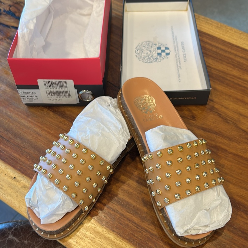 New in Box - Vince Camuto Tan Slide Sandals with Gold Studs